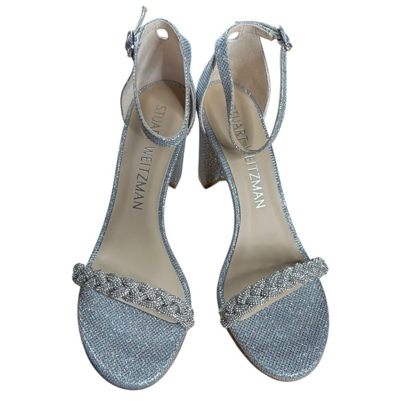 NEW Stuart Weitzman Nudist Curve 75 Block Silver Block Heels - Picture 2 of 6